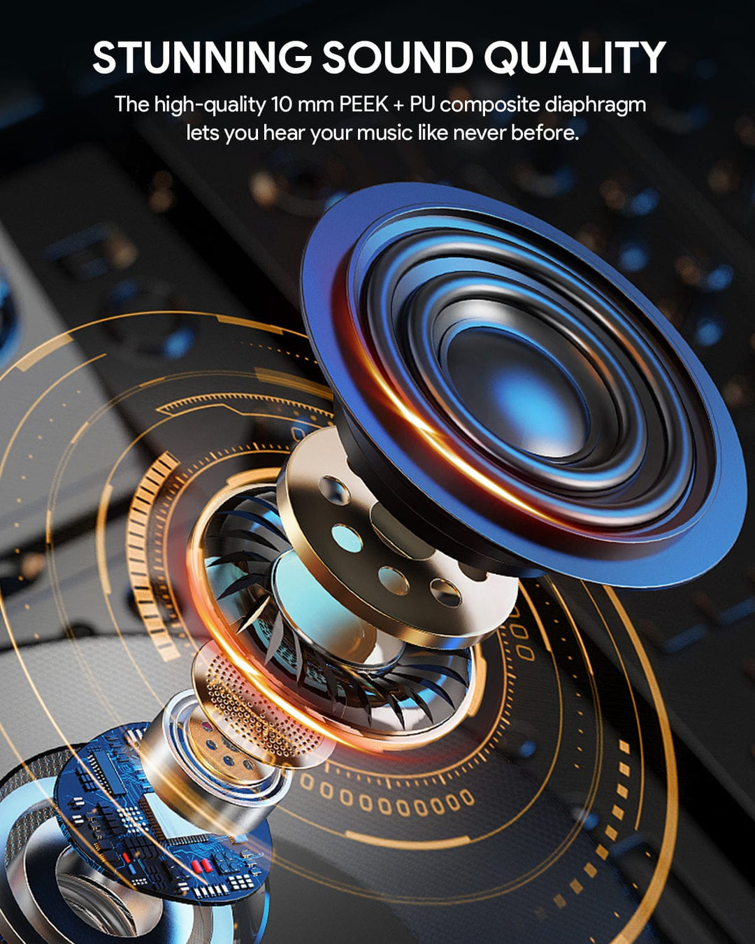 A digital illustration of Aukey MiniNC Earbuds displays an exploded view with labeled parts, highlighting the 10mm PEEK + PU composite diaphragm. The dark background and orange circles emphasize Aukey's exceptional sound quality.