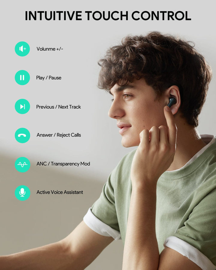A young man in a green shirt touches his Aukey MiniNC Active Noise Cancelling Earbud. Next to him, icons and text show touch controls for volume, play/pause, ANC, crystal-clear calls, and exceptional sound.