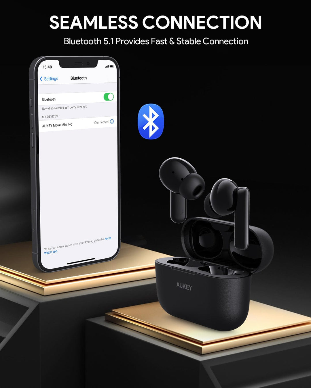 A smartphone connects via Bluetooth 5.1 to “Aukey MiniNC” earbuds, shown in their open charging case. The background highlights Aukey’s active noise cancelling feature and seamless wireless connection.