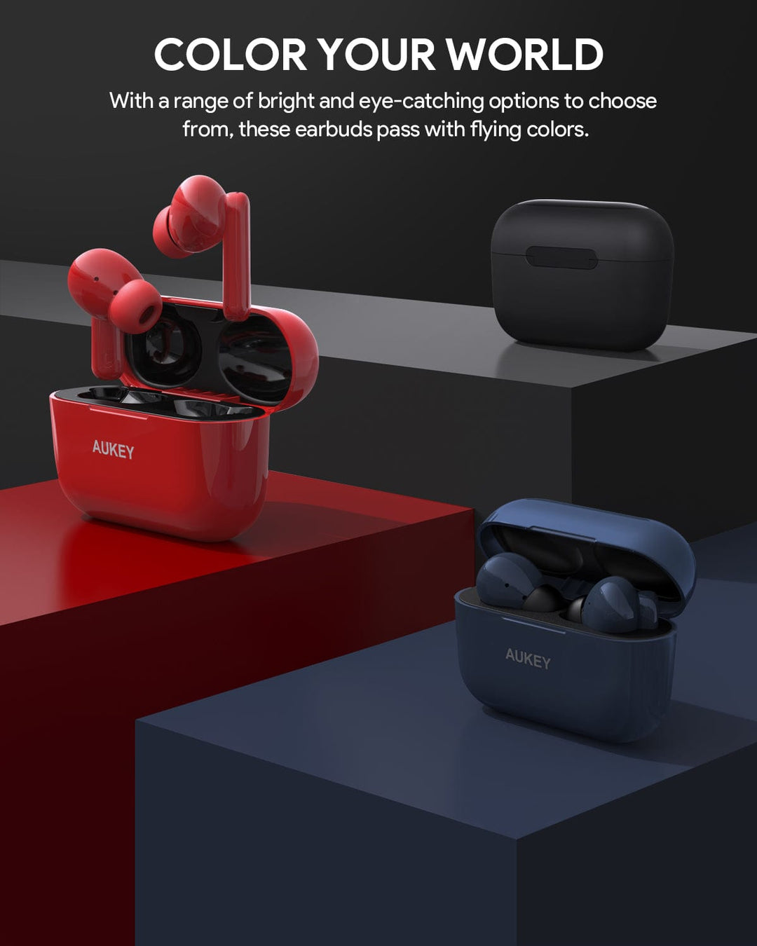 Three pairs of Aukey MiniNC Active Noise Cancelling Earbuds—glossy red, matte black, and navy blue—rest in matching open cases on geometric blocks. Enjoy premium sound and crystal-clear calls with Aukey’s vibrant options.