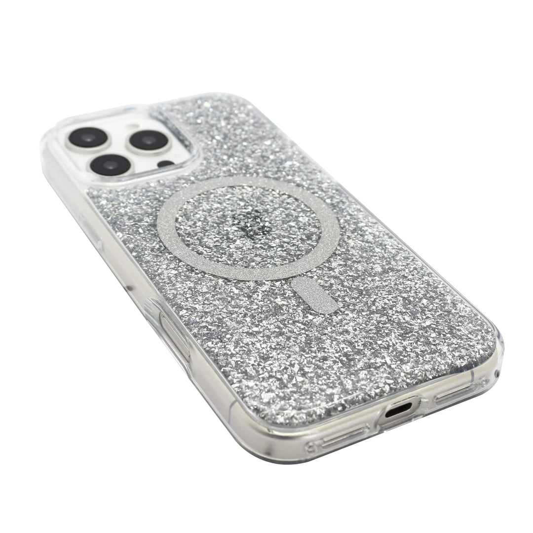 The Bryten Starburst MagSafe Case for iPhone 16 Pro is shown. This clear protective case from Bryten features a sparkly silver glitter design and precise cutouts for the camera, buttons, and ports. The back of the case has a circular symbol, indicating its compatibility with MagSafe accessories and its anti-yellowing properties.