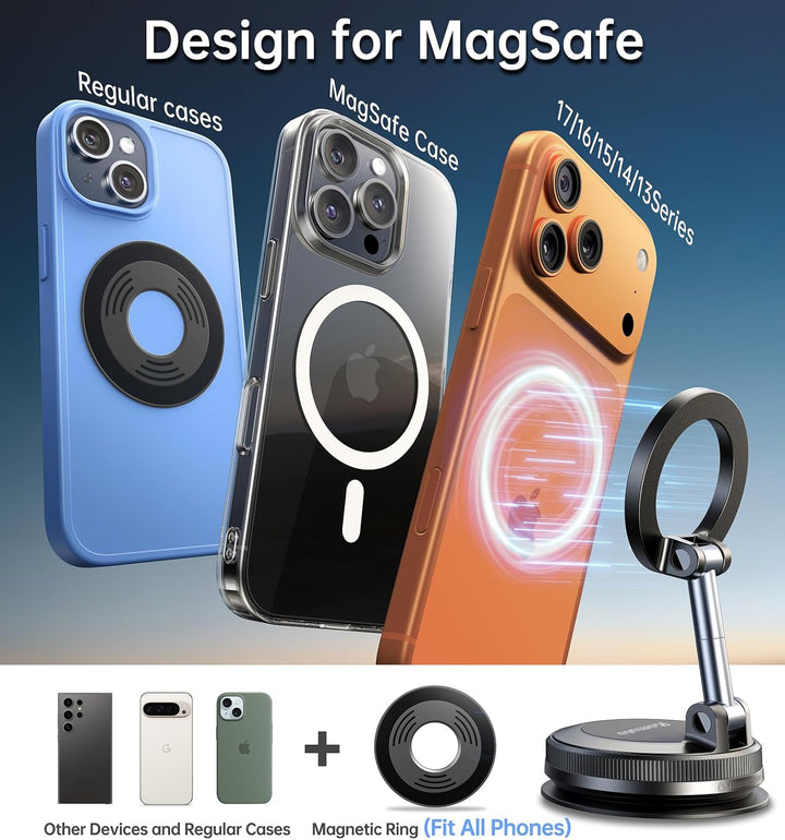 Three smartphones are displayed: one in blue, another in orange, and one with the MobileTechnica Samsung Galaxy S26 Ultra Case with MagSafe (Grey), featuring military-grade drop protection. A magnetic ring attachment for various models is also highlighted.