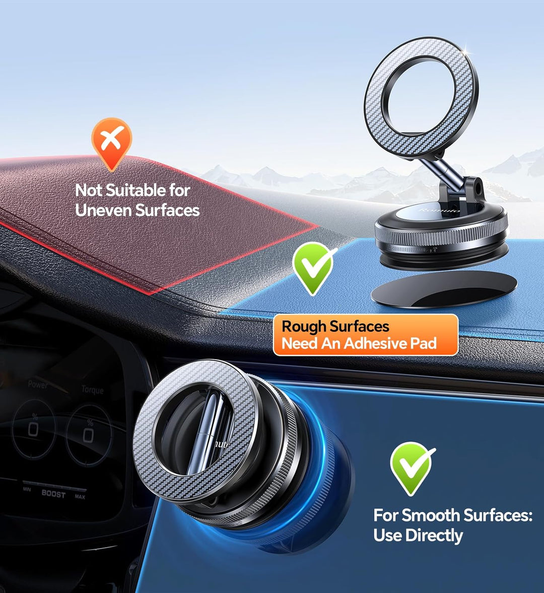 An image shows where to place a magnetic mount in your car, highlighting surfaces. The MobileTechnica Samsung Galaxy S26 Ultra Case with MagSafe - Grey offers military-grade protection and secure mounting with compatible magnetic mounts.