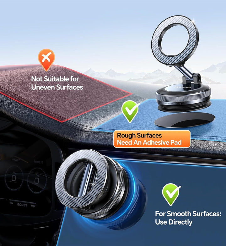 An image shows where to place a magnetic mount in your car, highlighting surfaces. The MobileTechnica Samsung Galaxy S26 Ultra Case with MagSafe - Grey offers military-grade protection and secure mounting with compatible magnetic mounts.