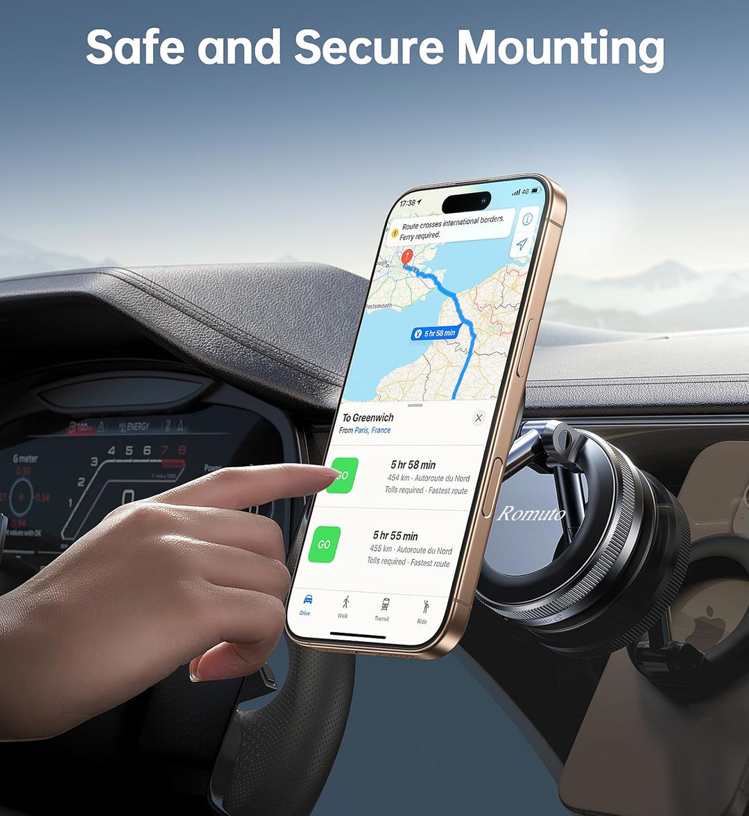 A hand uses a smartphone with the MobileTechnica Samsung Galaxy S26 Ultra Case with MagSafe - Grey, mounted on a black magnetic holder on a car dashboard. The phone displays navigation; text above reads “Safe and Secure Mounting.”.