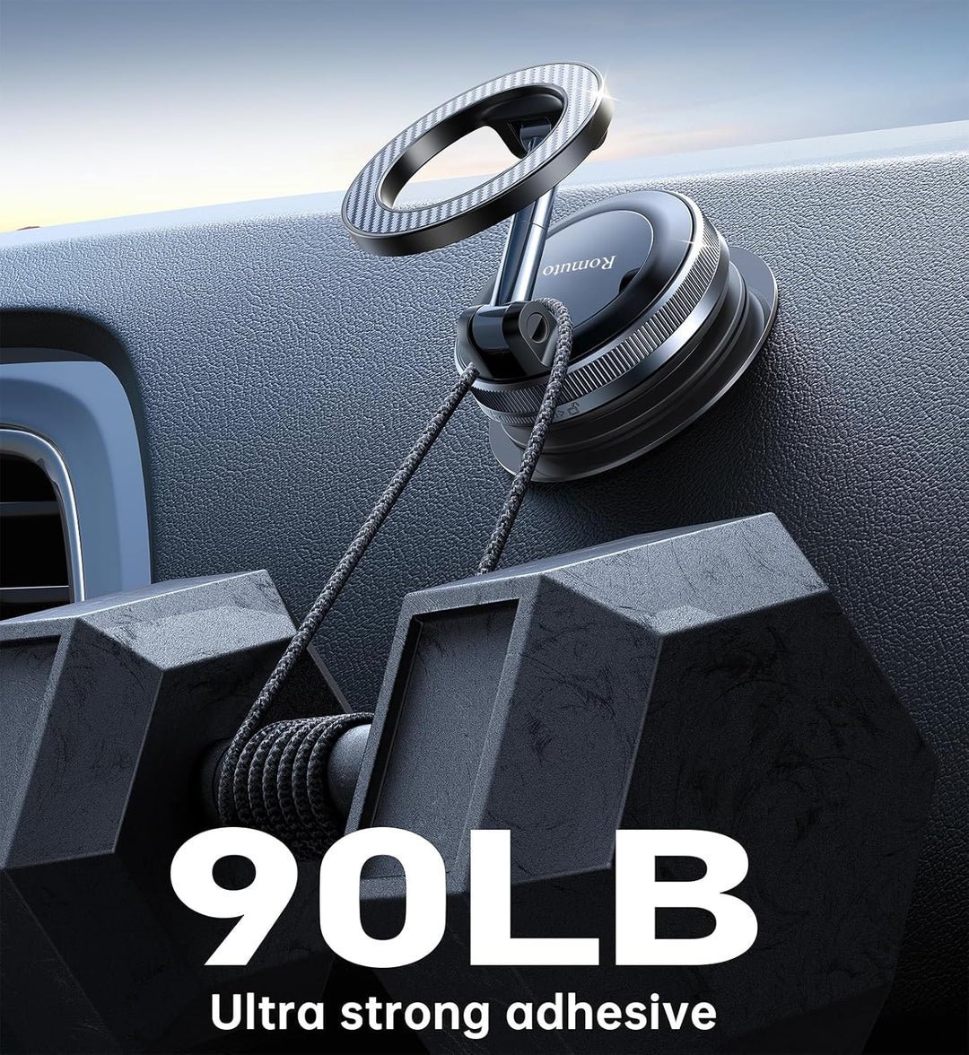 A MobileTechnica Samsung Galaxy S26 Ultra Case with MagSafe—Grey is shown mounted on a car dashboard with strong black adhesive. Two cords support a 90-pound hex dumbbell, demonstrating the ultra-strong adhesive power.