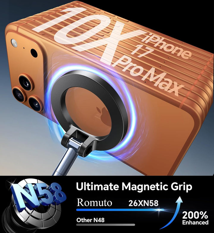 A grey Samsung Galaxy S26 Ultra Case with MagSafe by MobileTechnica attracts a magnetic charger, glowing blue. Text shows “10X,” “Ultimate Magnetic Grip,” military-grade drop protection, “Romuto 26XN58,” and “200% Enhanced” vs "Other N48.”.