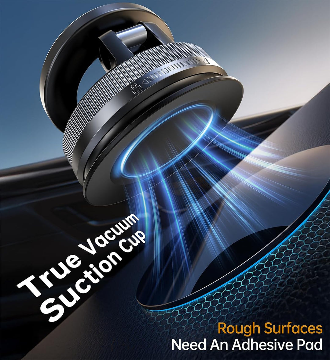 A close-up of a black vacuum suction cup forming a strong seal on a textured surface, highlighted by blue lines. Ideal for keeping your MobileTechnica Samsung Galaxy S26 Ultra Case with MagSafe - Grey secure on rough surfaces.