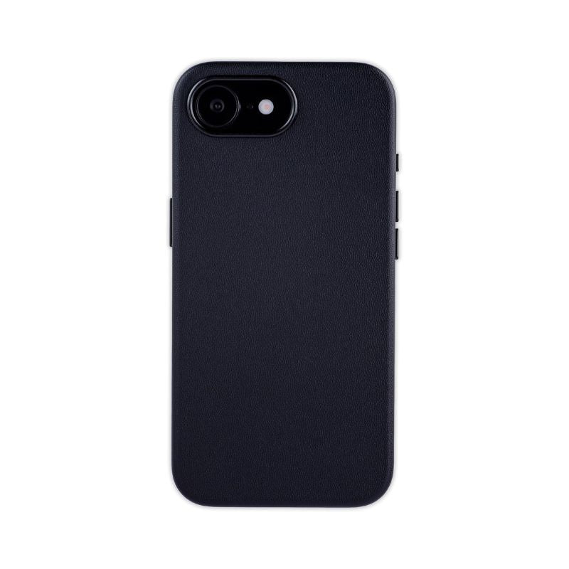 A black Dockem Apex Magsafe synthetic leather case for iPhone 16e with a slim, matte finish covers the phone’s back. Precise cutouts let the lens and flash show in the top left corner against a plain white background.