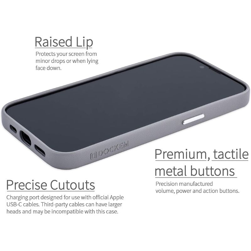 The Dockem iPhone 16e Synthetic Leather Magnetic Case (Apex MagSafe) features a slim gray design, precise port cutouts, raised screen lip, tactile metal buttons, MagSafe compatibility, and “Dockem” branding on the side.