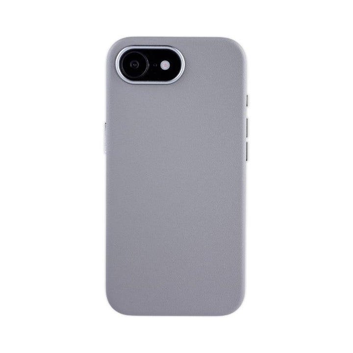 A light gray Dockem Apex Magsafe synthetic leather case covers an iPhone 16e, displaying precise cutouts for the camera, flash, and side buttons. The matte finish is shown against a plain white background with the phone facing away.