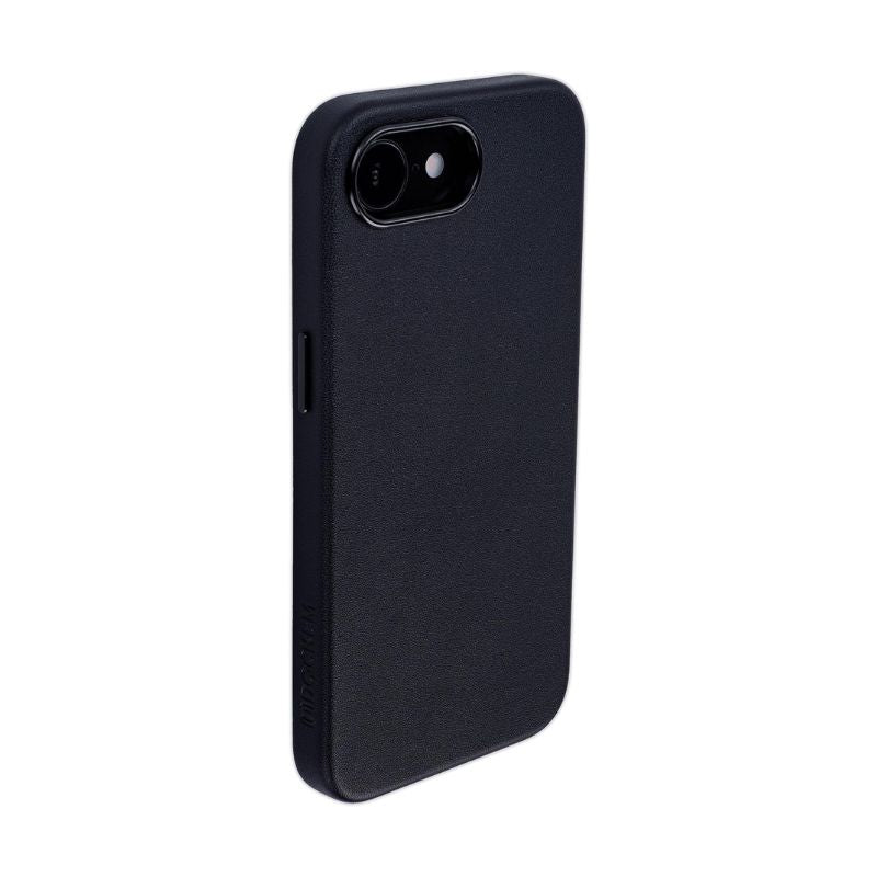The Dockem iPhone 16e Synthetic Leather Magnetic Case - Apex Magsafe is a slim, lightweight black case with a smooth matte finish and slightly rounded edges for a secure grip. MagSafe ready, it features precise cutouts for the camera, flash, and buttons.