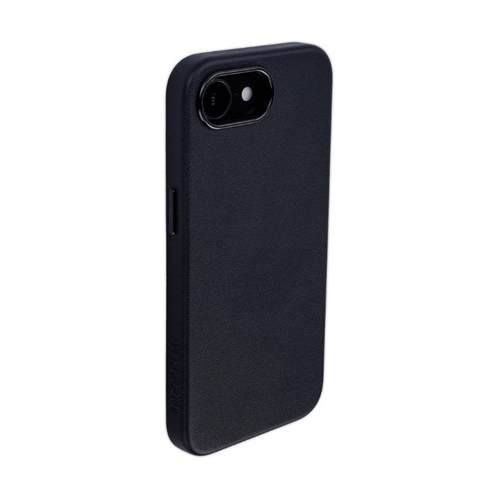 The Dockem iPhone 16e Synthetic Leather Magnetic Case - Apex Magsafe is a slim, lightweight black case with a smooth matte finish and slightly rounded edges for a secure grip. MagSafe ready, it features precise cutouts for the camera, flash, and buttons.