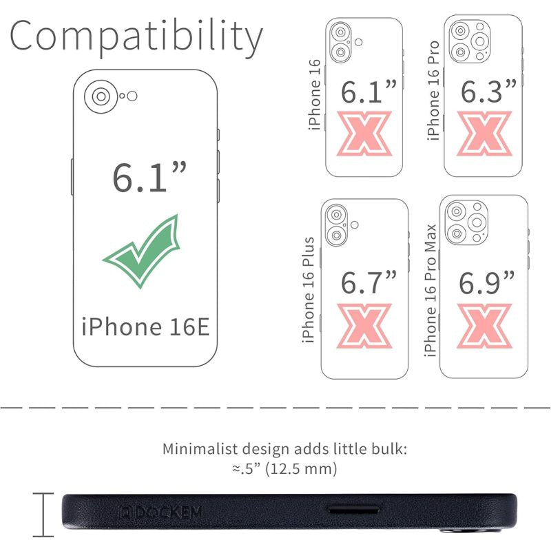 Diagram shows Dockem iPhone 16e Synthetic Leather Magnetic Case - Apex Magsafe fits iPhone 16E (6.1") with a check mark; red Xs indicate incompatibility with other models. Side view highlights its slim, lightweight design.
