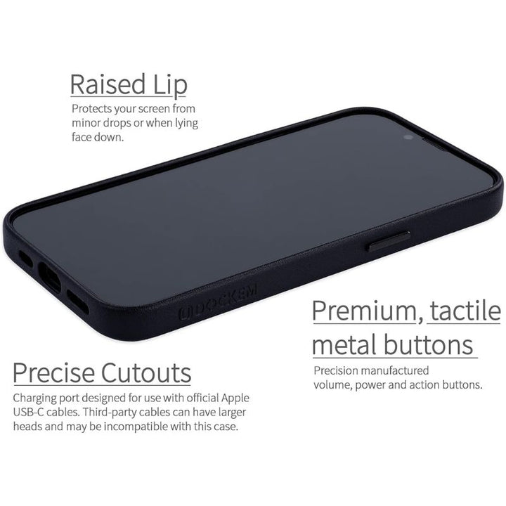 A black iPhone 16e rests in the Dockem Apex Magsafe Synthetic Leather Magnetic Case, featuring a raised lip for screen protection, precise cutouts for ports, and premium tactile metal buttons for volume, power, and action.