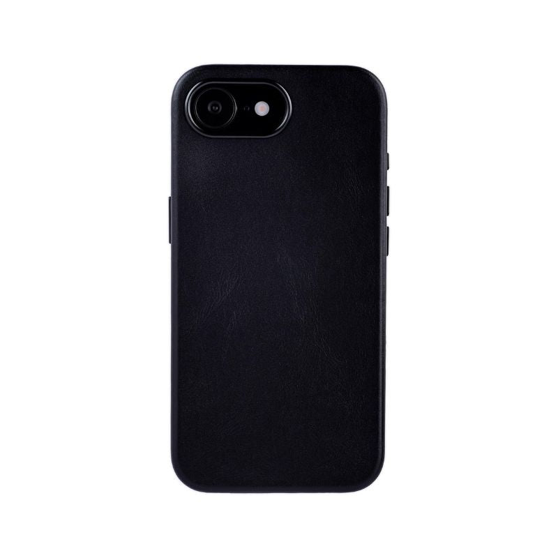 The Dockem iPhone 16e Genuine Leather Magnetic Case – Leather Magsafe is shown from the back in black, featuring a smooth matte leather finish, slim full-edge protection with rounded corners, and a top-left camera cutout. Background is plain white.