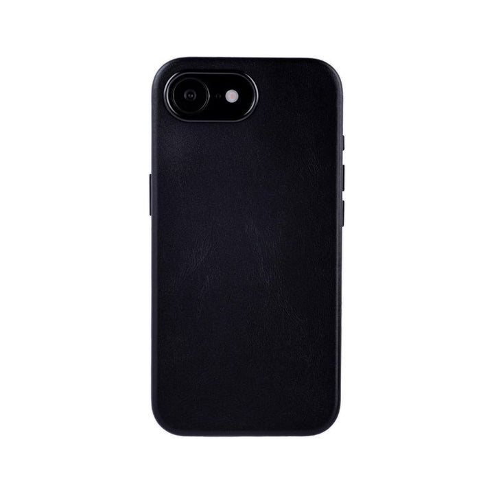 The Dockem iPhone 16e Genuine Leather Magnetic Case – Leather Magsafe is shown from the back in black, featuring a smooth matte leather finish, slim full-edge protection with rounded corners, and a top-left camera cutout. Background is plain white.