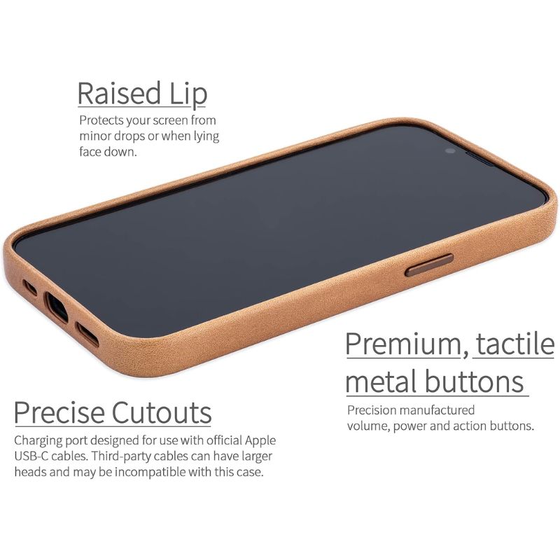 The Dockem iPhone 16e Genuine Leather Magnetic Case features luxury tan leather, slim protection, raised screen lip, precise cutouts, premium metal tactile buttons, MagSafe support, and highlights both protection and stylish design.