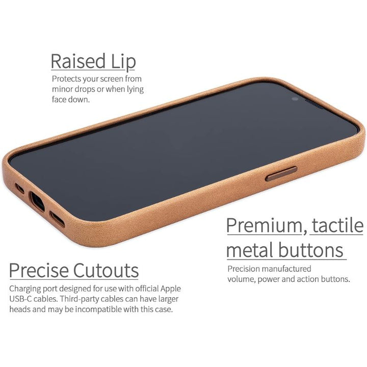 The Dockem iPhone 16e Genuine Leather Magnetic Case features luxury tan leather, slim protection, raised screen lip, precise cutouts, premium metal tactile buttons, MagSafe support, and highlights both protection and stylish design.