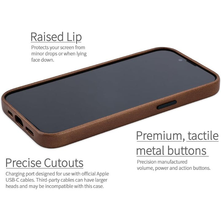 The Dockem iPhone 16e Genuine Leather Magnetic Case is shown in brown from an angled top view, featuring slim protection, raised lip, tactile metal buttons, precise cutouts, and MagSafe plus Apple cable compatibility.