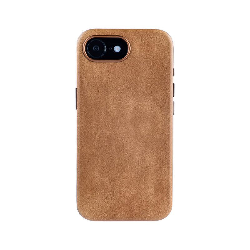 The Dockem iPhone 16e Genuine Leather Magnetic Case - Leather Magsafe is shown in light brown with a luxury leather texture, precise cutouts for buttons, and visible camera and flash on a white background.