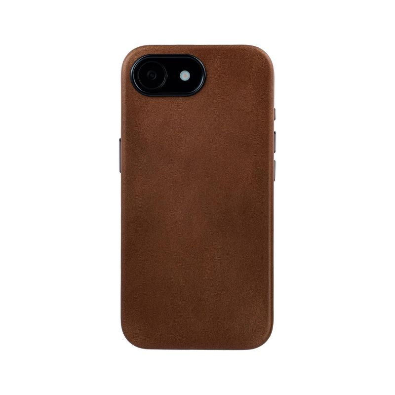 A Dockem iPhone 16e Genuine Leather Magnetic Case in brown is shown from the back, displaying the camera and flash in the top left, slim Magsafe protection, side buttons visible, all set against a clean white background.
