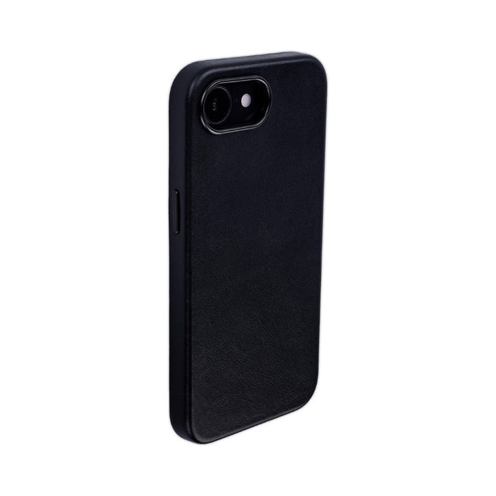 The Dockem iPhone 16e Genuine Leather Magnetic Case offers slim protection and MagSafe charging in a sleek black design, featuring a smooth leather texture, precise camera cutout, and side button access, shown upright on a white background.