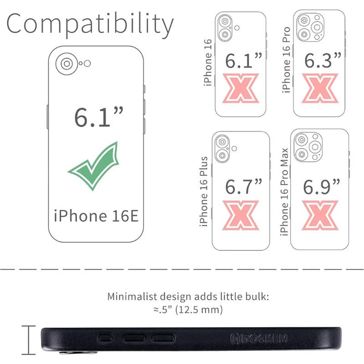 Diagram shows Dockem iPhone 16e Genuine Leather Magnetic Case - Leather Magsafe compatibility: only the iPhone 16E (6.1") fits (green check), others marked by red Xs. Side view highlights its luxury leather finish and slim 12.5 mm profile.