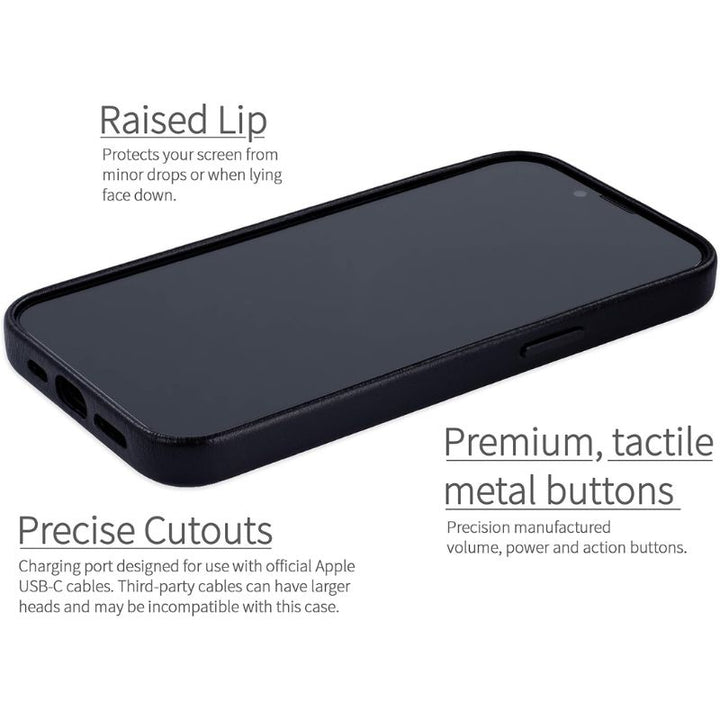 A Dockem iPhone 16e Genuine Leather Magnetic Case lies face up, highlighting slim protection with a raised lip, precise cutouts for easy charging, and premium tactile metal buttons for better response.