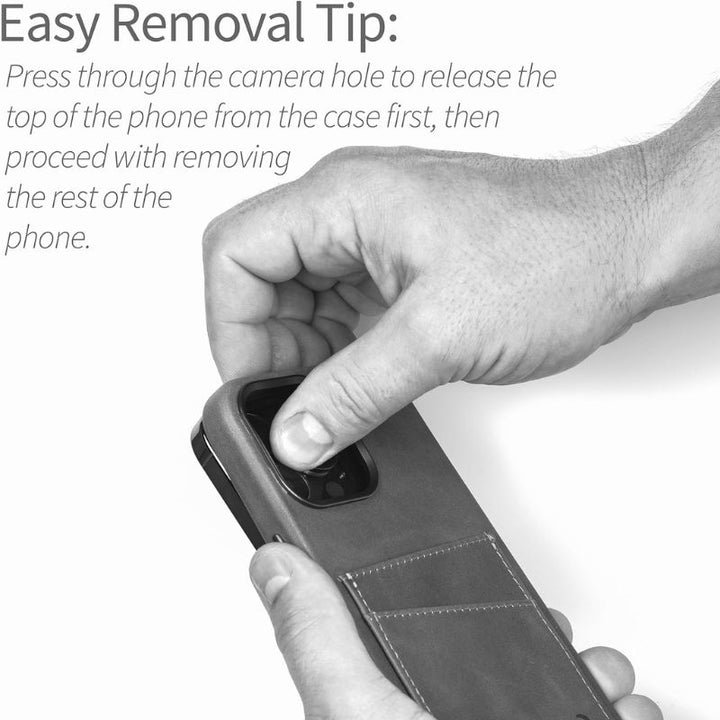 Easily remove your iPhone 16e from the Dockem Genuine Leather Magnetic Magsafe Case: Press through the camera hole to release the top, then slide out the rest of your phone.