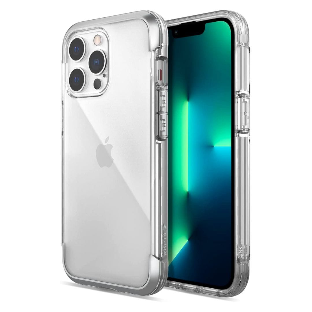 Raptic iPhone 14 Pro Max Impact Clear case - Raptic Air on a silver smartphone with triple rear cameras, offering iPhone protection. Next to it, the same phone displays its screen with a blue-green gradient wallpaper.