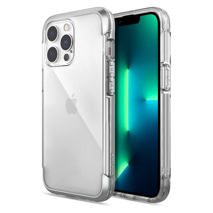 Raptic iPhone 14 Pro Max Impact Clear case - Raptic Air on a silver smartphone with triple rear cameras, offering iPhone protection. Next to it, the same phone displays its screen with a blue-green gradient wallpaper.