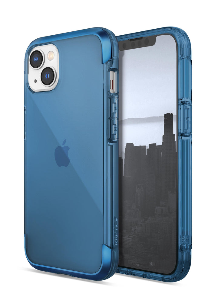 A blue **iPhone 14 Pro Max Impact Clear case - Raptic Air** is shown on an iPhone displaying a grayscale image of skyscrapers, offering military-grade defense in a lightweight design.