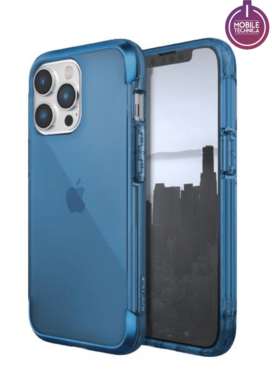 A blue iPhone 14 Pro Max Impact Clear case - Raptic Air offers military-grade defense with the "Raptic" logo in the upper right corner, shown on a smartphone displaying a cityscape on its screen. Despite its robust protection, its lightweight design ensures your iPhone remains sleek and easy to handle.
