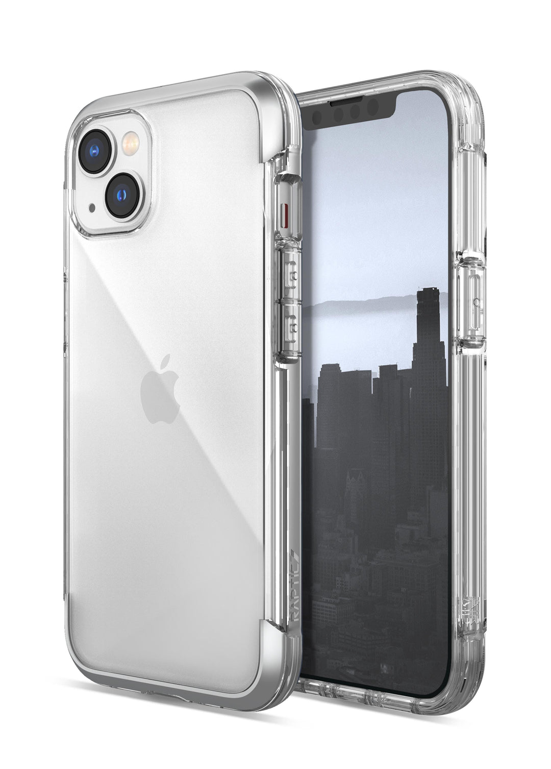 A smartphone with a clear protective case is shown from the back and front, offering iPhone 14 Pro Max Impact Clear case - Raptic Air protection with military-grade defense. The phone's screen displays a grayscale cityscape.