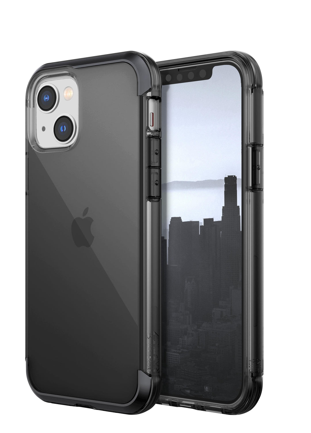 A black smartphone with a transparent back cover is shown, featuring a visible camera. The screen displays a grayscale cityscape, and the lightweight design offers iPhone 14 Pro Max Impact Clear case - Raptic Air protection by Raptic.