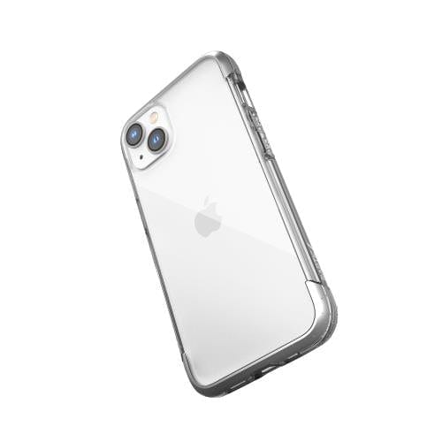 A silver smartphone with a clear protective case, showing its rear dual camera and Apple logo, offers iPhone protection with a lightweight design. Product Name: iPhone 14 Pro Max Impact Clear case - Raptic Air Brand Name: Raptic