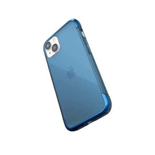 A blue iPhone 14 Pro Max Impact Clear case - Raptic Air with a dual-camera setup on the back, encased in a matching blue case that offers military-grade defense, displayed at an angle.