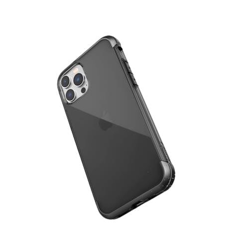 A black smartphone with a triple camera system on the back, encased in lightweight Raptic iPhone 14 Pro Max Impact Clear case - Raptic Air protection featuring military-grade defense.