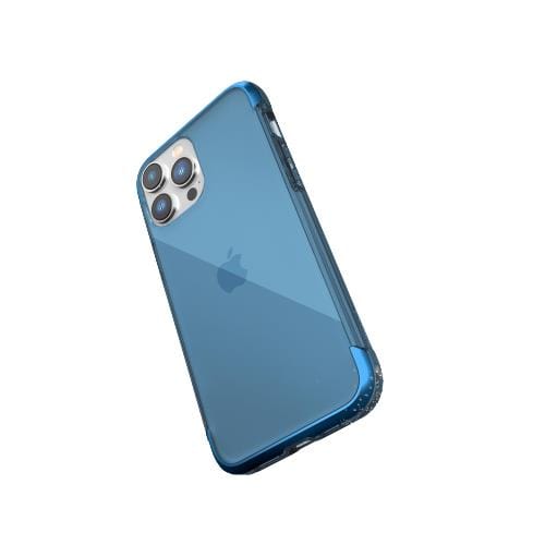 A blue smartphone with a transparent, lightweight design case showcasing its rear triple-camera setup, offering iPhone 14 Pro Max Impact Clear case - Raptic Air protection and military-grade defense by Raptic.
