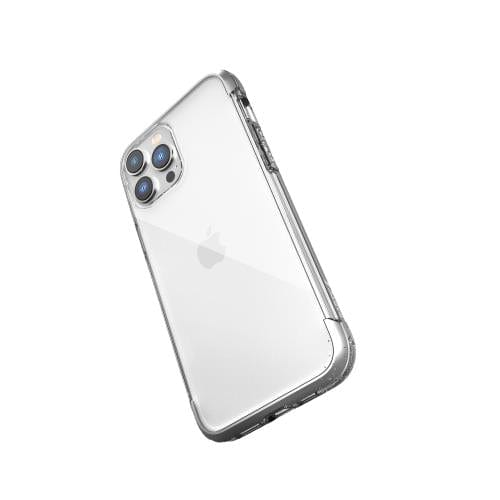 A silver smartphone with a clear case, featuring three rear cameras and the Apple logo on the back, offers iPhone 14 Pro Max Impact Clear case - Raptic Air protection while maintaining a lightweight design from Raptic.
