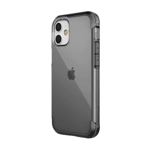 Raptic's iPhone 14 Pro Max Impact Clear case - Raptic Air with black edges offers iPhone protection, showcasing a visible Apple logo on the back. The phone's camera and side buttons are also clearly visible, all while maintaining a lightweight design.