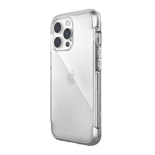 A clear, protective Raptic iPhone 14 Pro Max Impact Clear case - Raptic Air on a silver smartphone with a visible Apple logo and three rear cameras, offering military-grade defense in a lightweight design.
