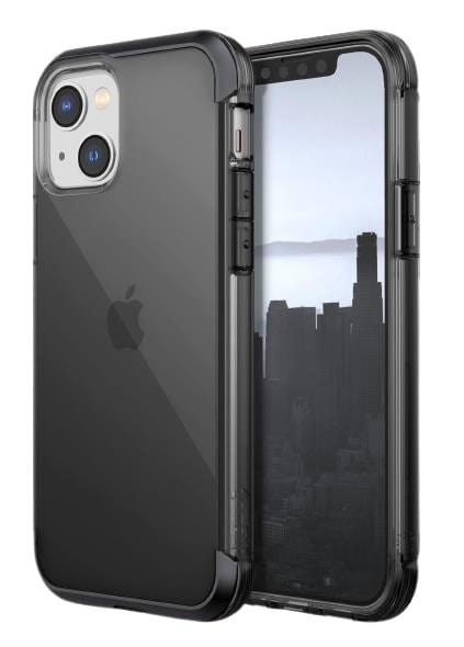 An iPhone 14 Pro Max Impact Clear case - Raptic Air is displayed with a black transparent case offering military-grade defense. The front screen shows a cityscape with tall buildings under a cloudy sky, while the back displays the Apple logo and a dual camera setup, all in a lightweight design.