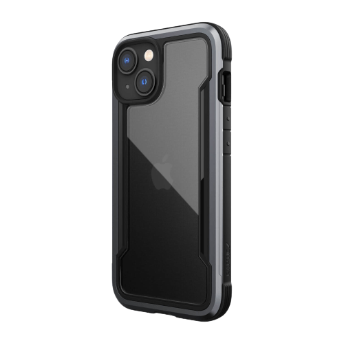 A black Raptic Shield iPhone 14 Series Case with a protective transparent back, raised edges, and precise cutouts for the camera, buttons, and ports. This case offers 4-metre drop protection and is wireless charging compatible.