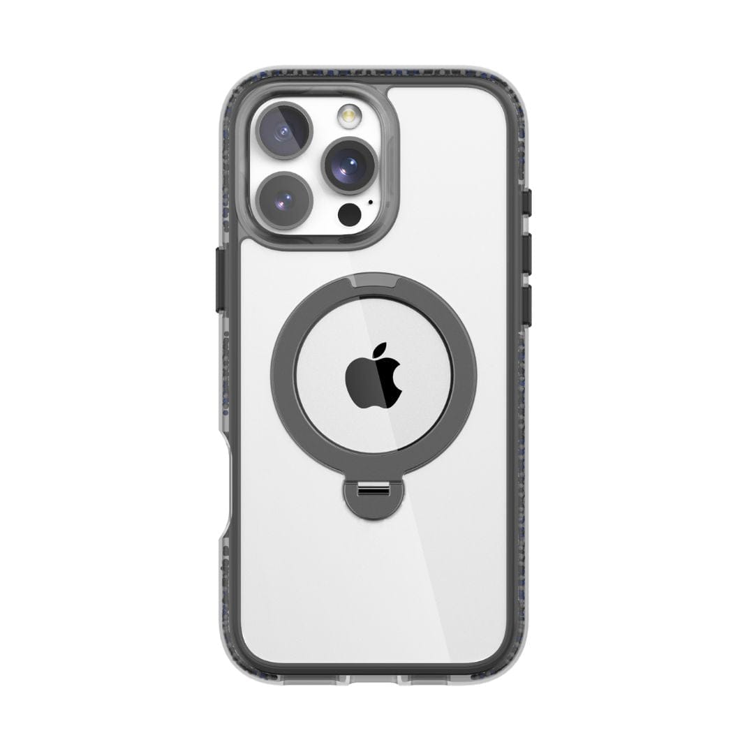 The Raptic AirJoy Beads with 360 Kickstand for iPhone 16 Pro Max is a transparent protective case featuring three rear cameras and a flash. The case has gray edges, air bumpers for shock absorption, and a circular gray magnetic ring with a small tab around the Apple logo in the center. Its minimal design showcases the phone's back clearly while ensuring robust protection.