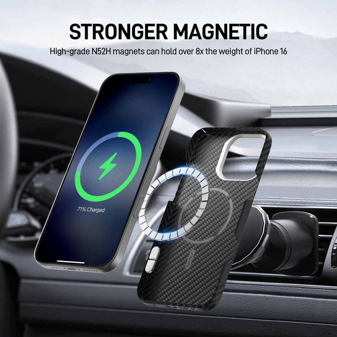 A smartphone with a charging animation floats near a car vent mount. The Raptic Aramid Fibre Mondrian case for iPhone 16 Pro/Max, featuring a visible magnetic ring, showcases MagSafe compatibility and magnetic strength over 8x the iPhone 16’s weight.