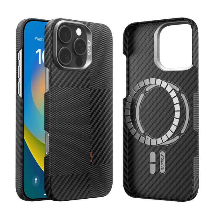 Two views of the Raptic Aramid Fibre Mondrian case for iPhone 16 Pro/Max: one with a phone showing camera and screen, and another displaying the MagSafe ring plus precise cutouts for buttons, speakers, and camera.