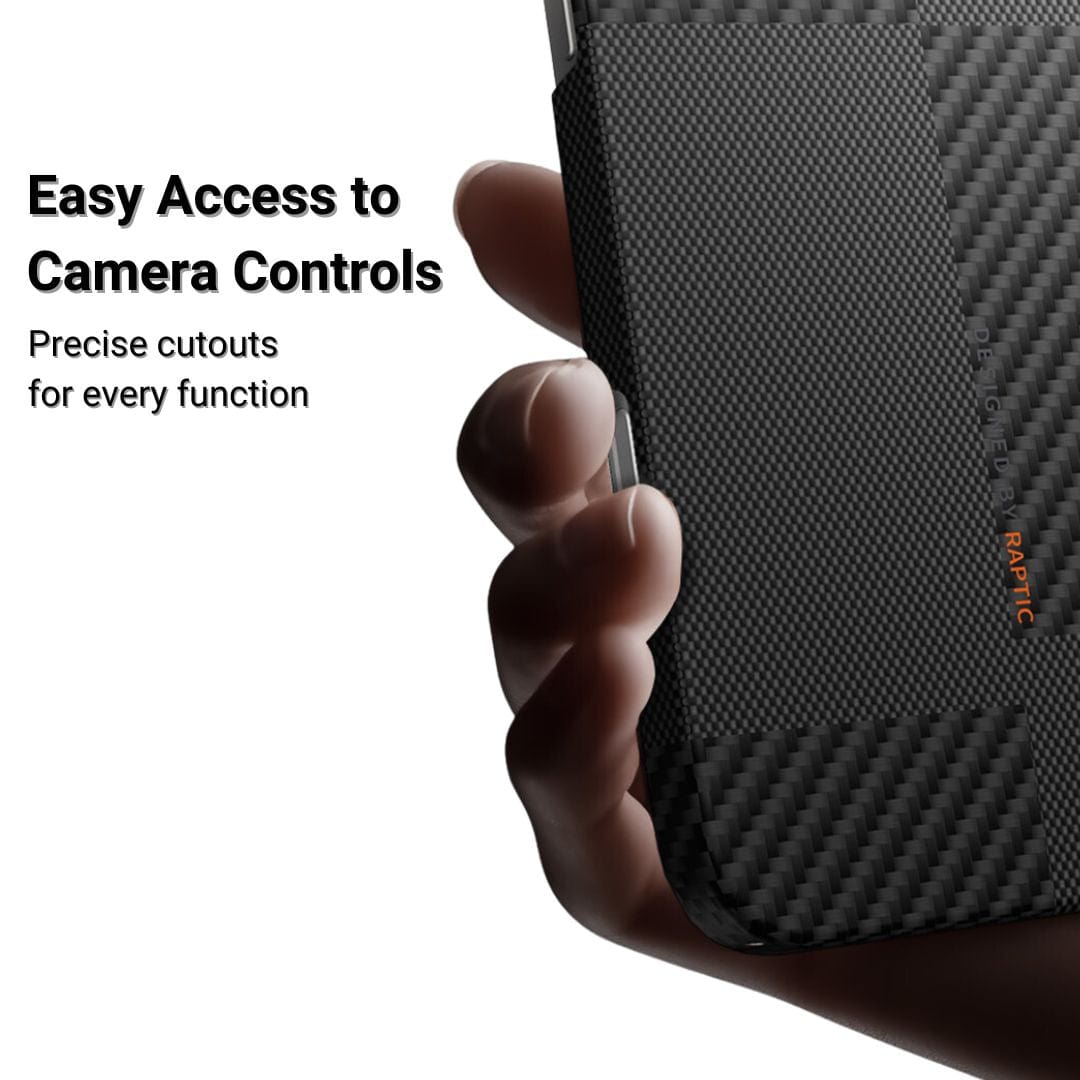 A hand holds a Raptic Aramid Fibre Mondrian case for iPhone 16 Pro/Max. The black, textured case features "RAPTIC" branding, MagSafe compatibility, and precise camera cutouts. Text: "Easy Access to Camera Controls – Precise cutouts for every function.