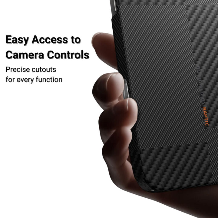A hand holds a Raptic Aramid Fibre Mondrian case for iPhone 16 Pro/Max. The black, textured case features "RAPTIC" branding, MagSafe compatibility, and precise camera cutouts. Text: "Easy Access to Camera Controls – Precise cutouts for every function.